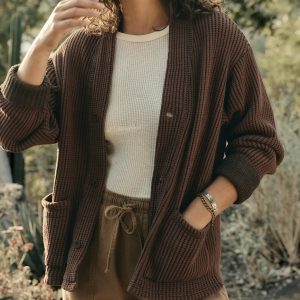 knit waffle cardigan in brown