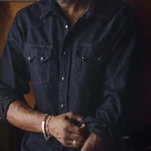 sawtooth pearl snap in reverse black indigo nep